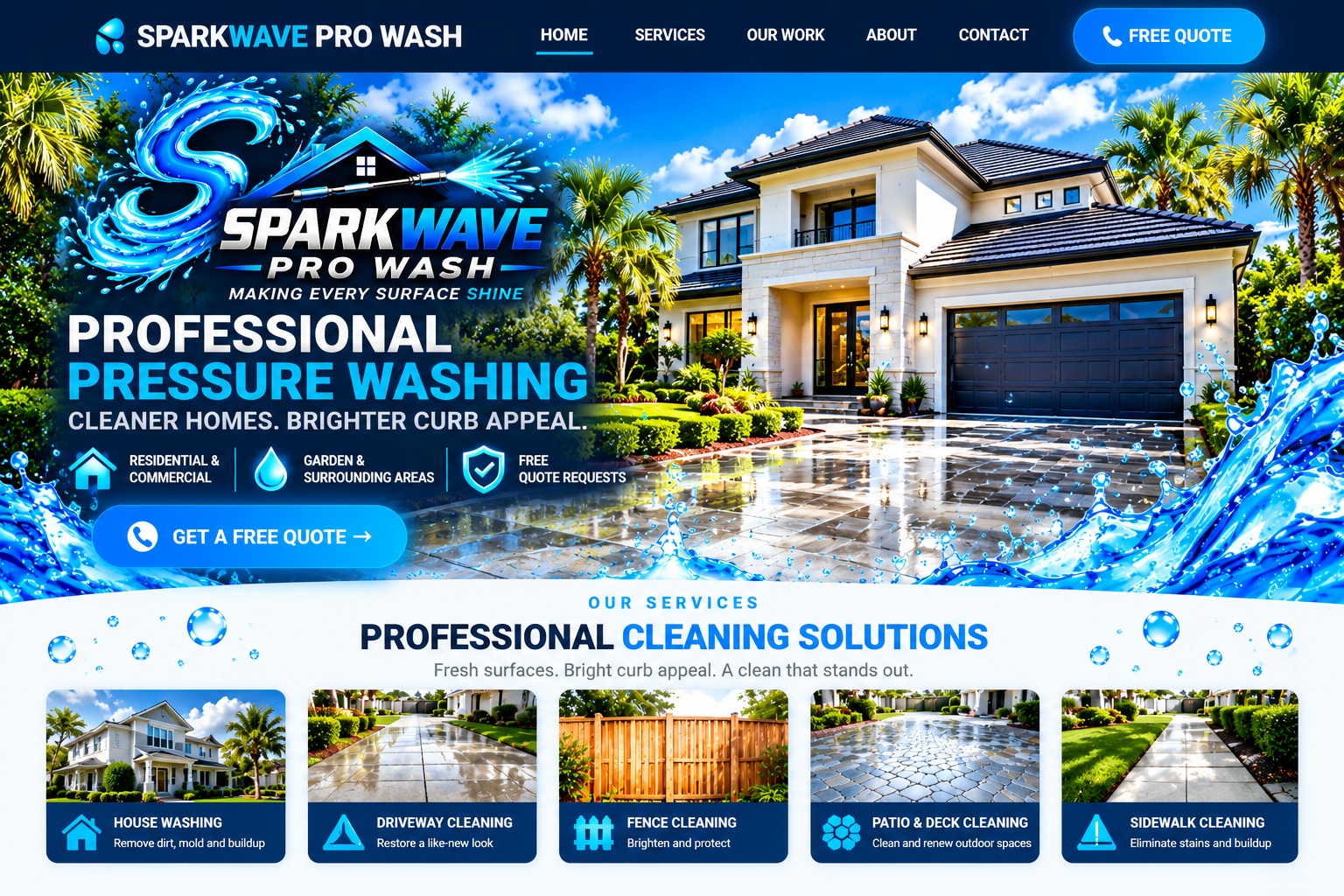 SparkWave Pro Wash bright blue website design with sunlit home, reflective driveway, landscaping, blue water splashes and five cleaning services